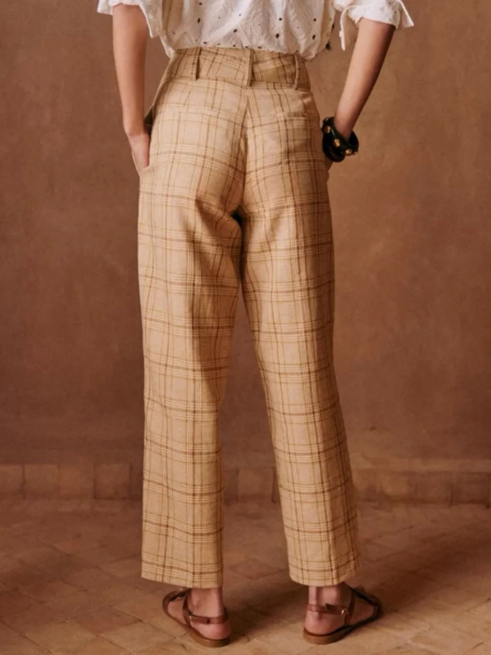 Sezane Cyprien Plaid Cropped Trousers in Ochre Check Size 36